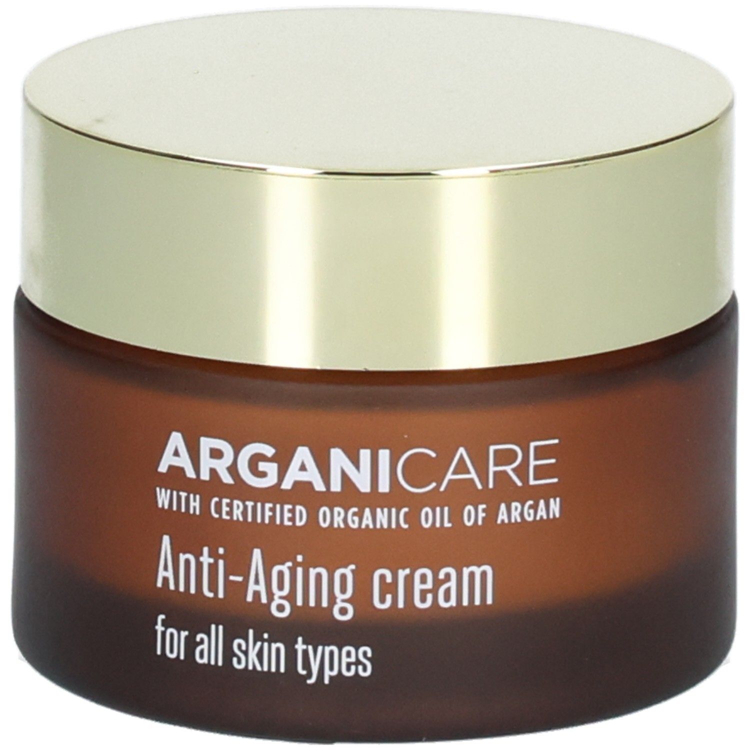 Arganicare Anti-Aging Gesichtscreme in braunem Glasbehälter mit goldenem Deckel.