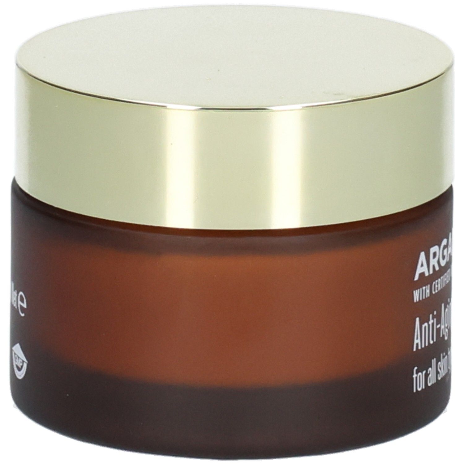 Arganicare Anti-Aging Gesichtscreme, Seitenansicht des braunen Glasbehälters mit goldenem Deckel.