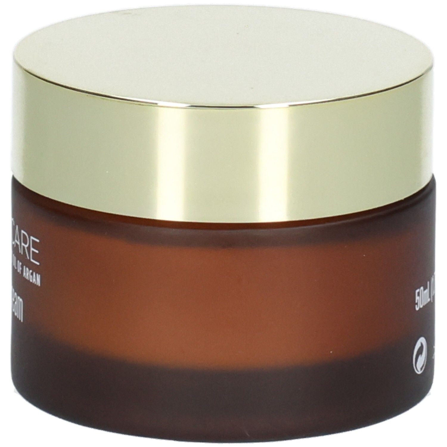 Arganicare Anti-Aging Gesichtscreme, Ansicht von rechts des braunen Glasbehälters mit goldenem Deckel.