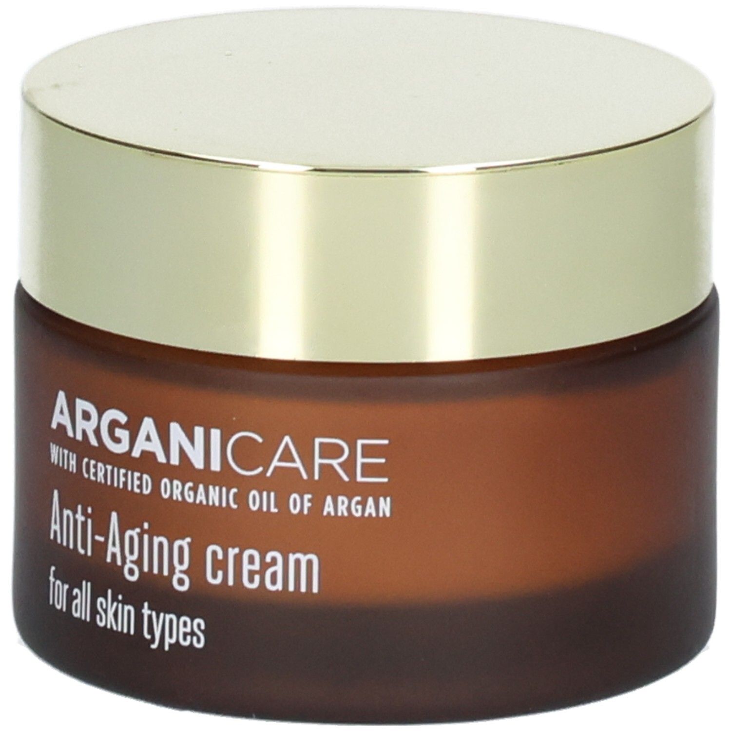 Arganicare Anti-Aging Gesichtscreme in braunem Glasbehälter mit goldenem Deckel, Vorderansicht.