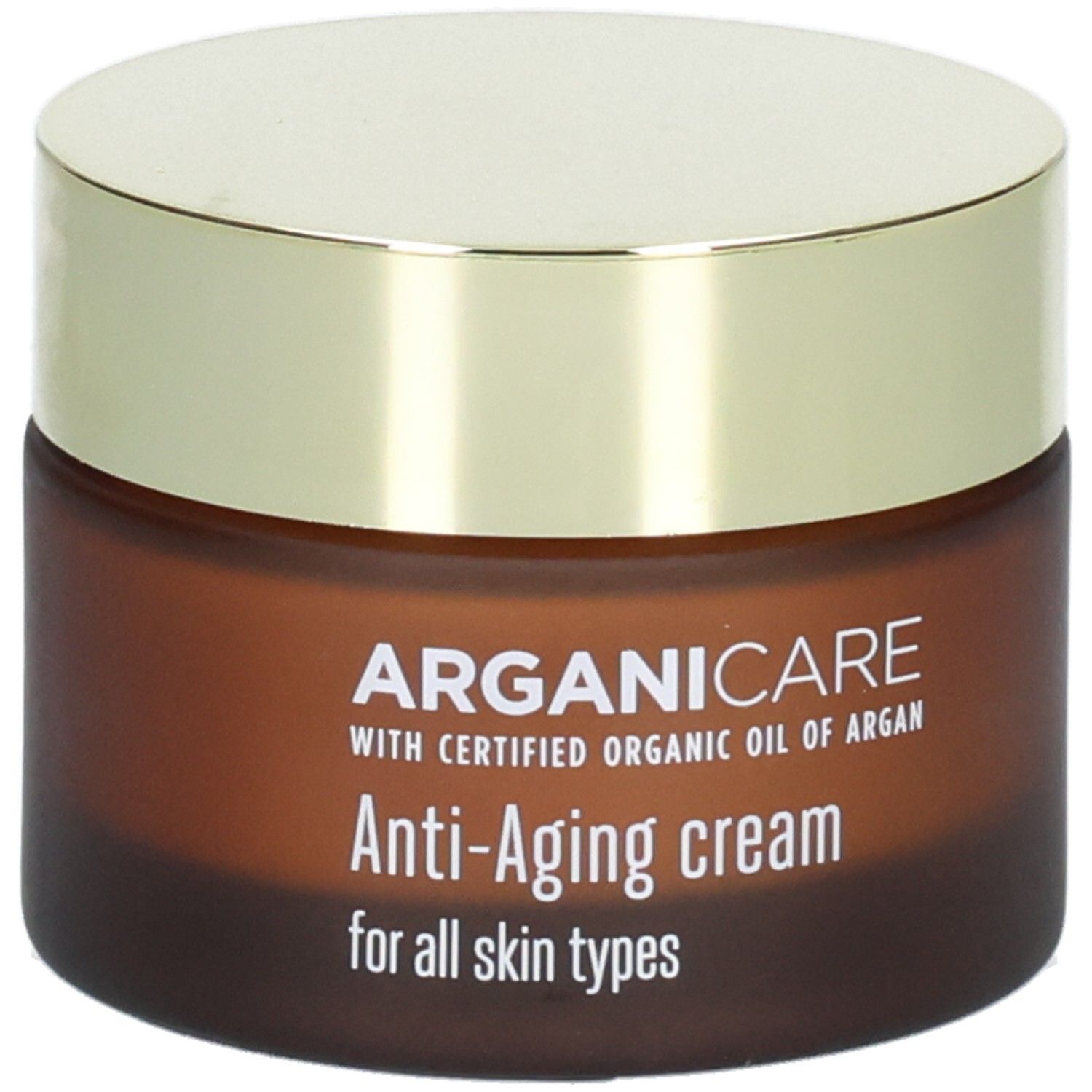 Arganicare Anti-Aging Gesichtscreme in braunem Glasbehälter mit goldenem Deckel, leichte Schrägansicht.
