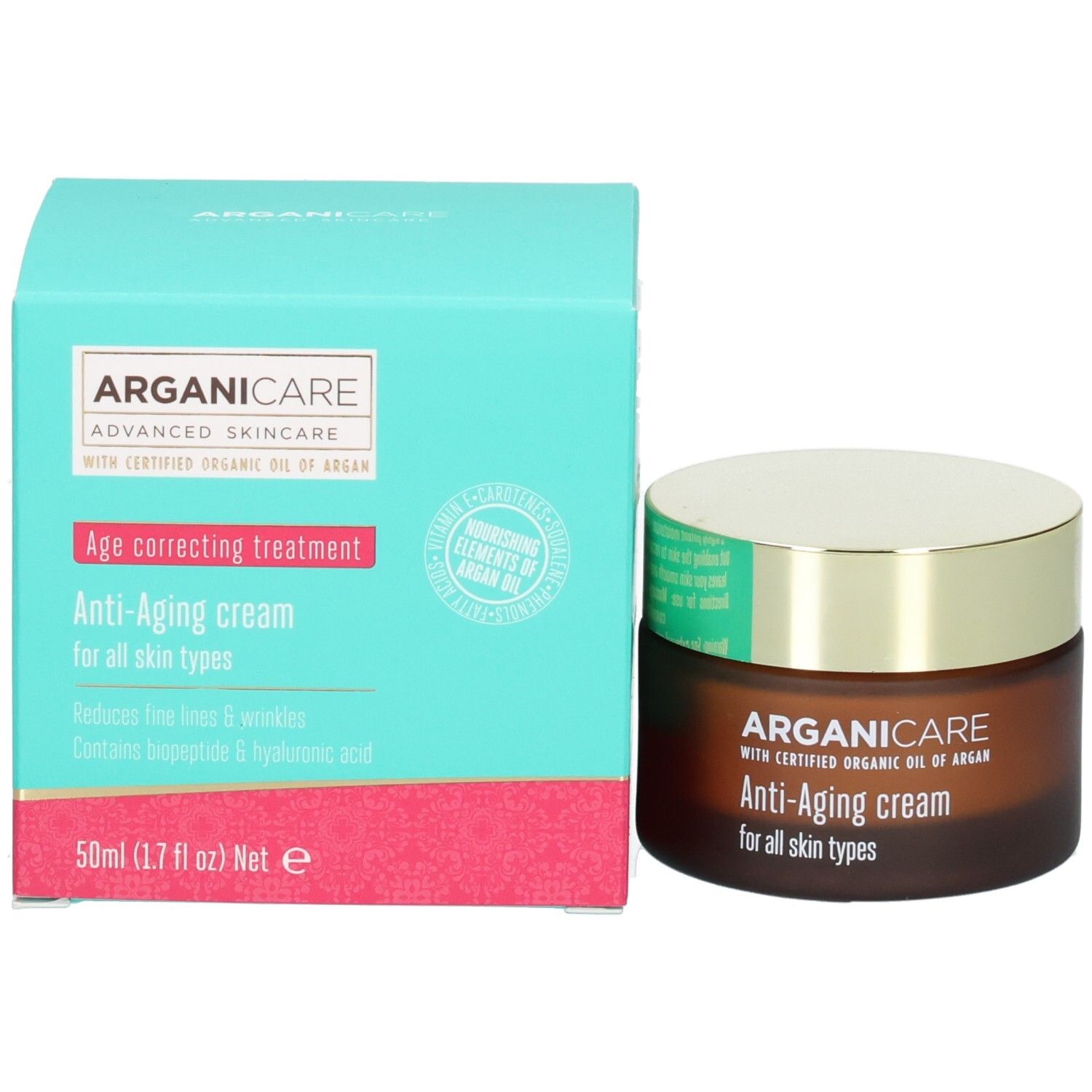 Arganicare Anti-Aging Gesichtscreme mit Verpackung: Türkisfarbener Karton und brauner Glasbehälter.