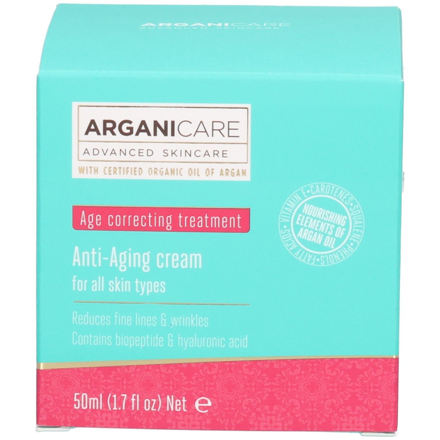 Arganicare Anti-Aging Gesichtscreme Verpackung: Türkisfarbener Karton mit Produktinformationen.