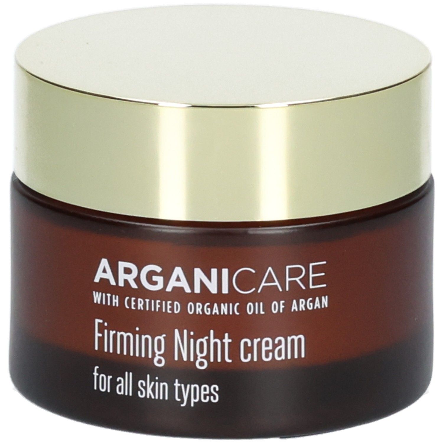 Arganicare Straffende Nachtcreme in brauner Glasverpackung mit goldenem Deckel.