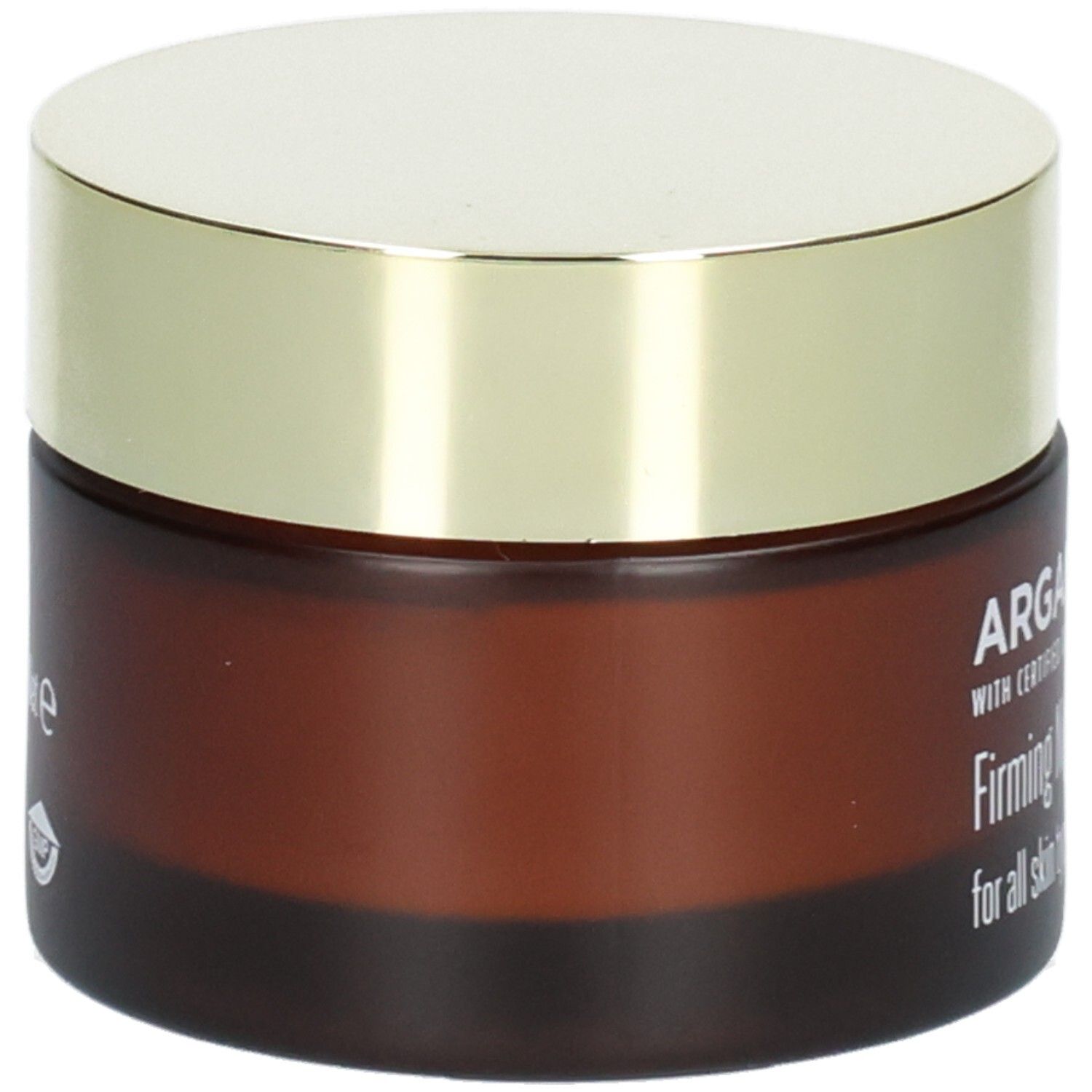 Arganicare Straffende Nachtcreme, Seitenansicht des braunen Glasbehälters mit goldenem Deckel.