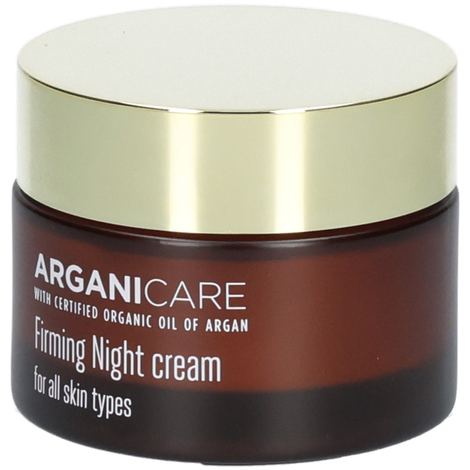 Arganicare Straffende Nachtcreme in brauner Glasverpackung mit goldenem Deckel.