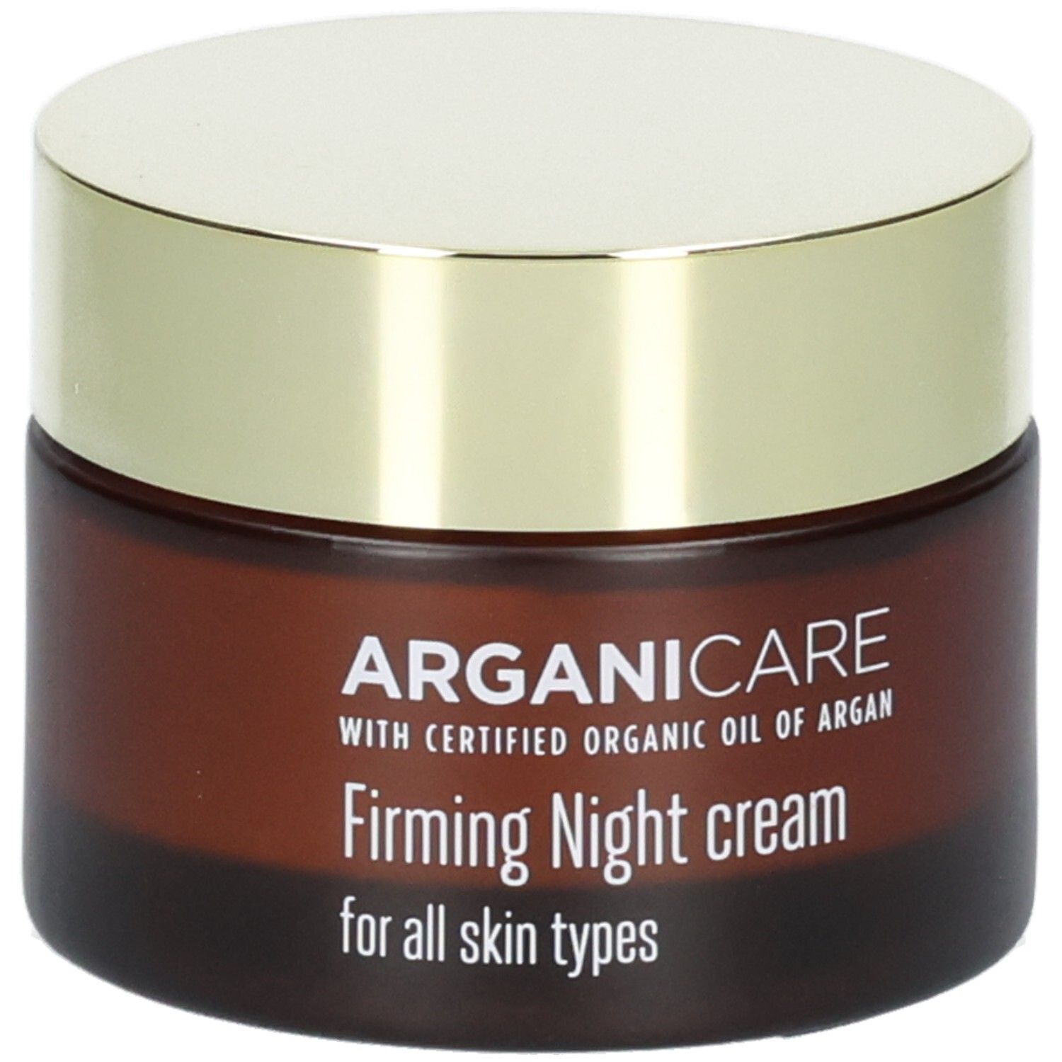 Arganicare Straffende Nachtcreme in brauner Glasverpackung mit goldenem Deckel.