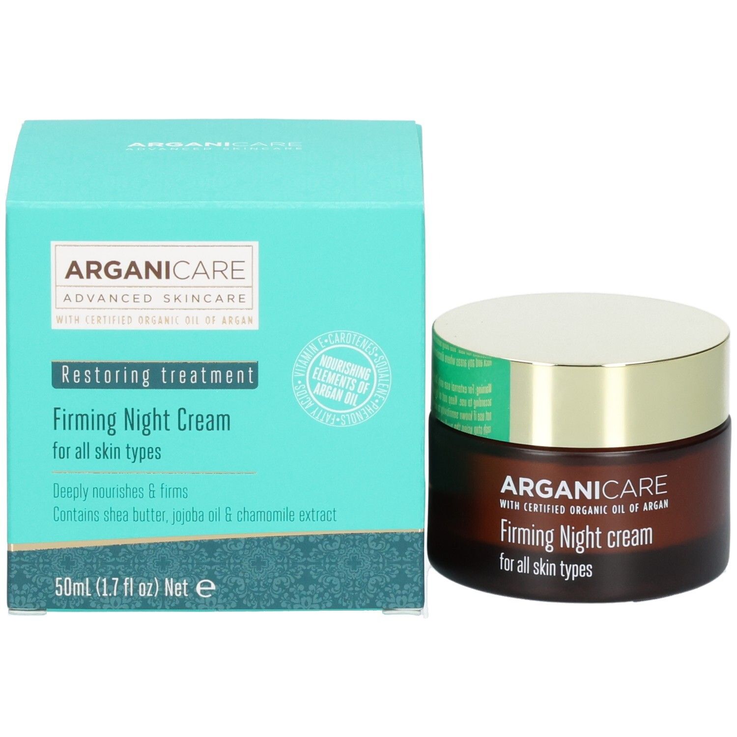 Arganicare Straffende Nachtcreme im Glas neben der türkisfarbenen Produktverpackung.