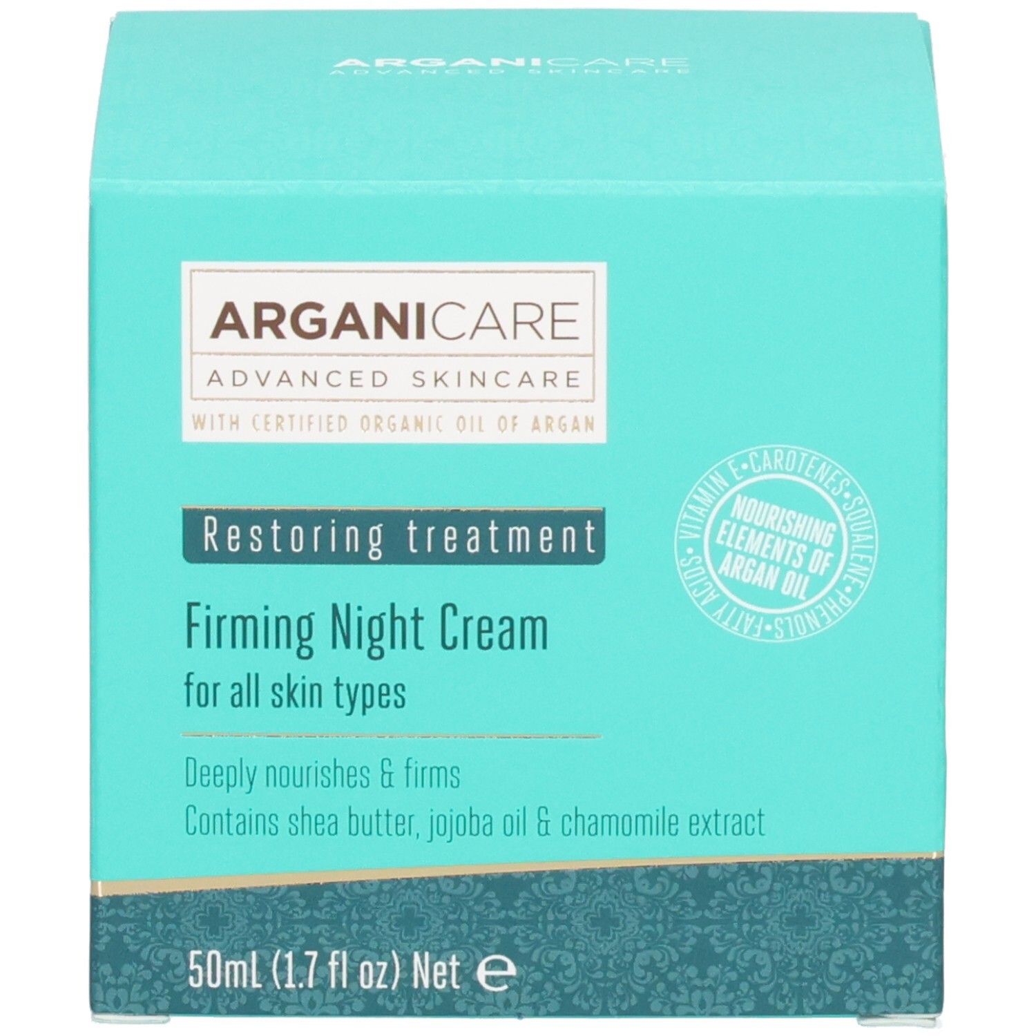 Arganicare Straffende Nachtcreme auf türkisfarbener Verpackung mit Details zu Inhaltsstoffen.