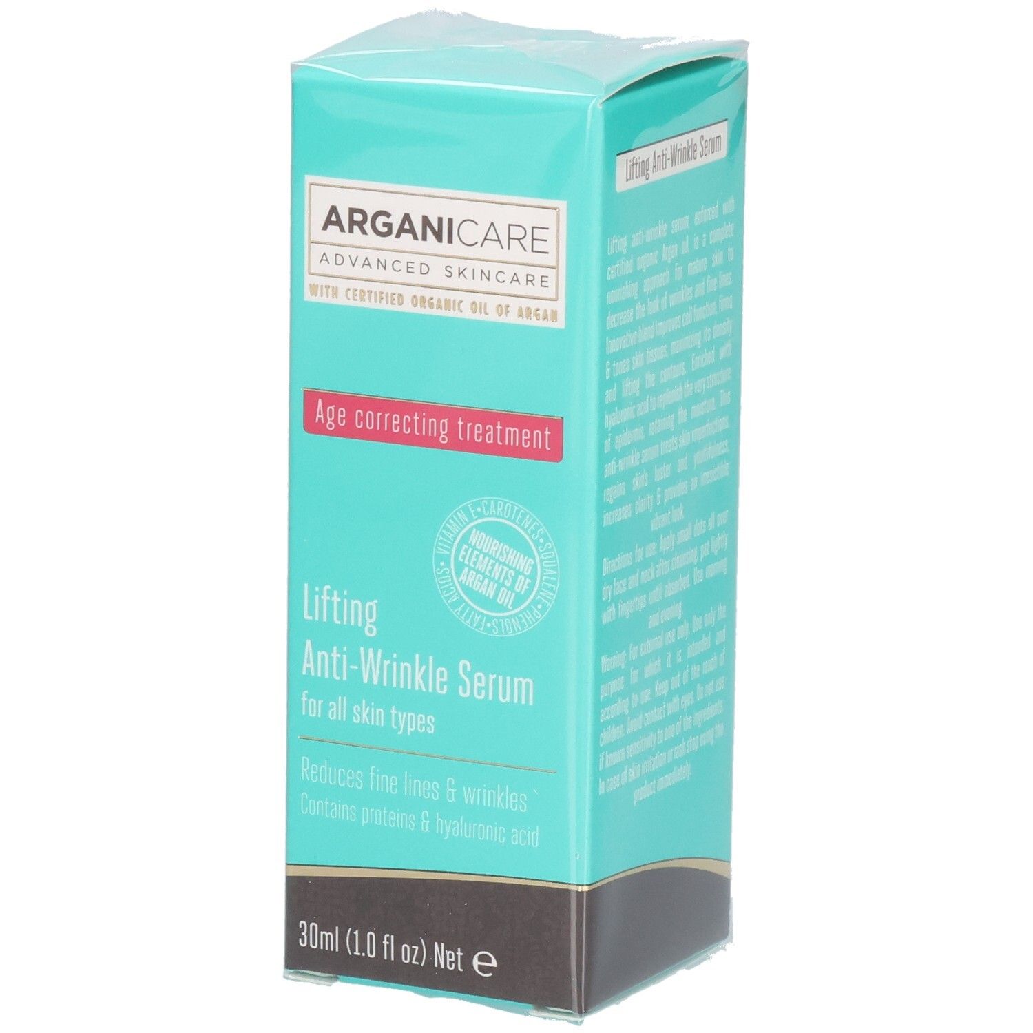 Türkise Box mit Arganicare Lifting Anti-Wrinkle Serum, 30ml.