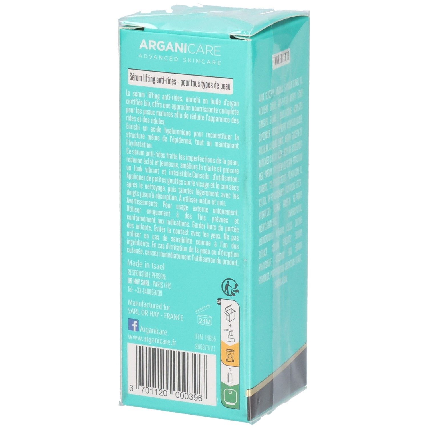 Arganicare Serum Lifting Anti-rides, türkisfarbene Verpackung mit Produktinformationen und Barcode.