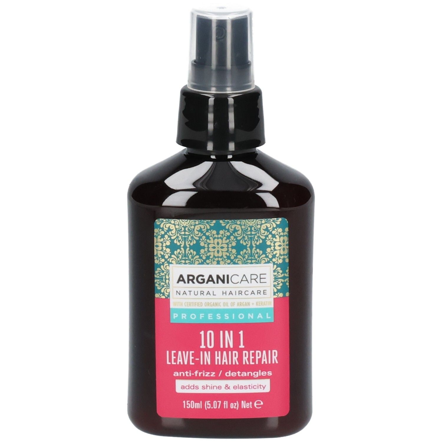 Arganicare 10-in-1 Leave-In Hair Repair Spray mit Argan und Keratin. Dunkle Flasche mit Sprühkopf und Etikett.