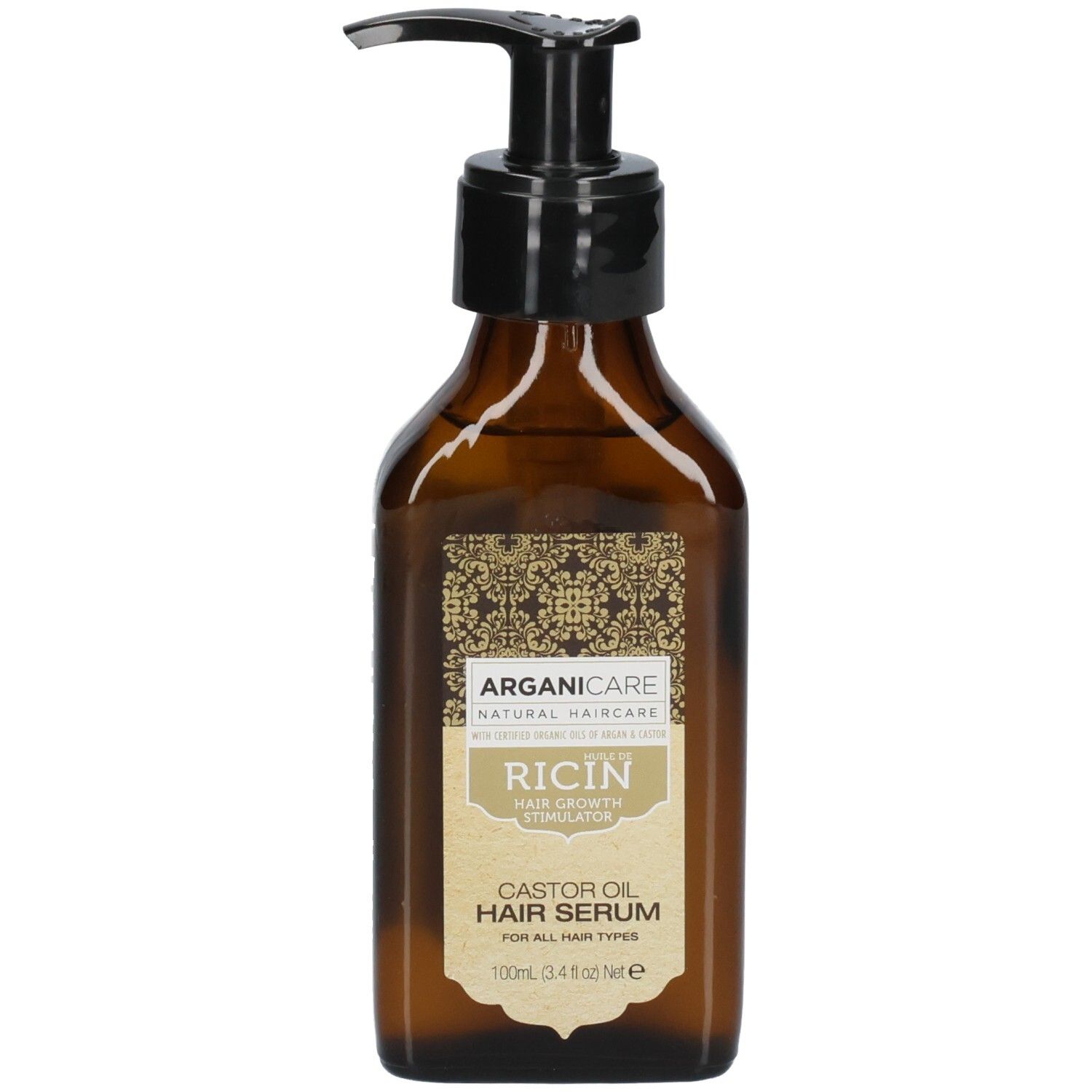 Arganicare Schutzserum Ricin: Braune Glasflasche mit Pumpspender. Haarserum für alle Haartypen.