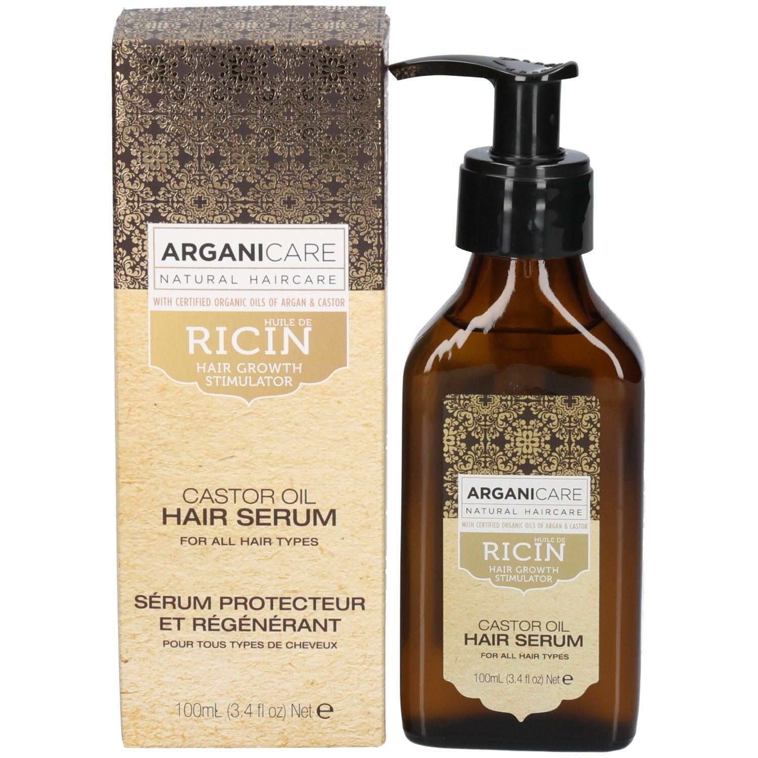 Arganicare Schutzserum Ricin Flasche und Verpackung. Haarserum mit Rizinusöl für alle Haartypen.
