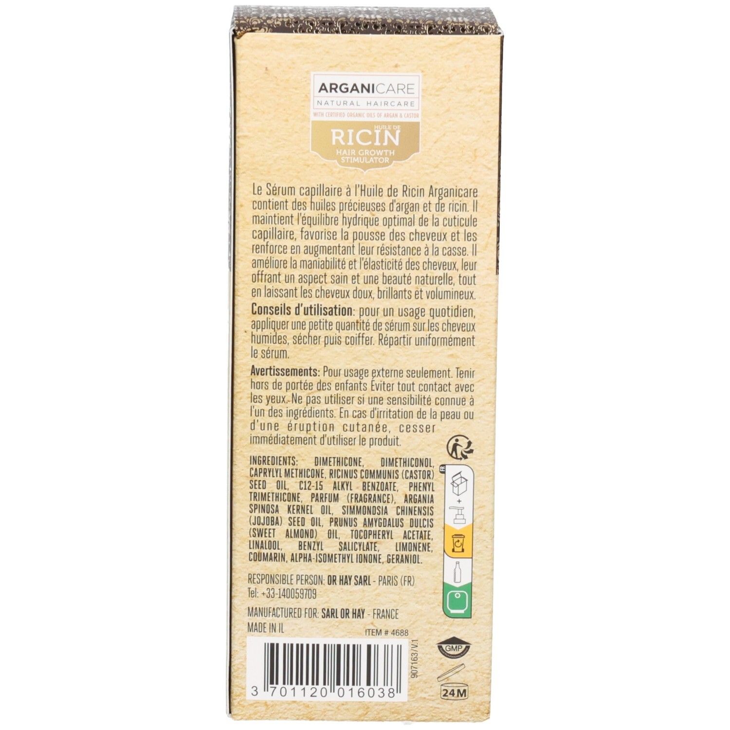 Seite der Arganicare Schutzserum Ricin Verpackung mit Inhaltsstoffen und Warnhinweisen.