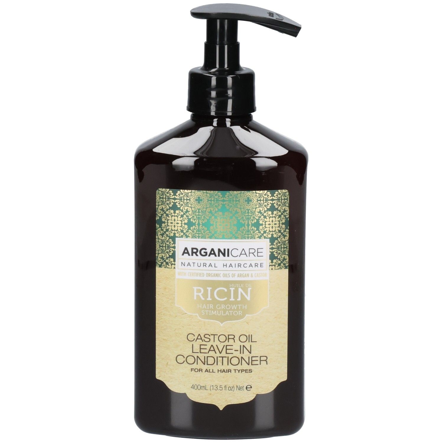 Arganicare Rizinusöl Leave-In Conditioner Flasche mit Pumpspender. Dunkelbraune Flasche mit gold-grünem Etikett.