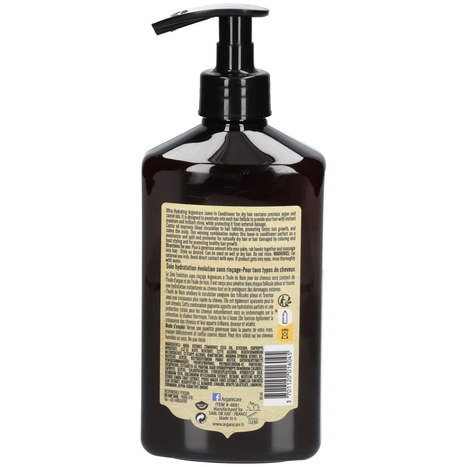 Rückseite der Arganicare Rizinusöl Leave-In Conditioner Flasche mit detaillierten Produktinformationen und Barcode.