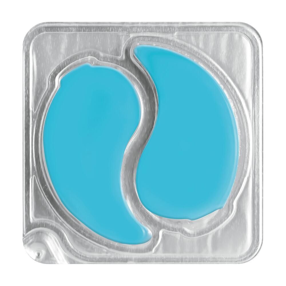 Zwei blaue Augenpflaster in einer silbernen Verpackung. Die Pflaster haben eine Tropfenform und sind in einer quadratischen Form angeordnet.