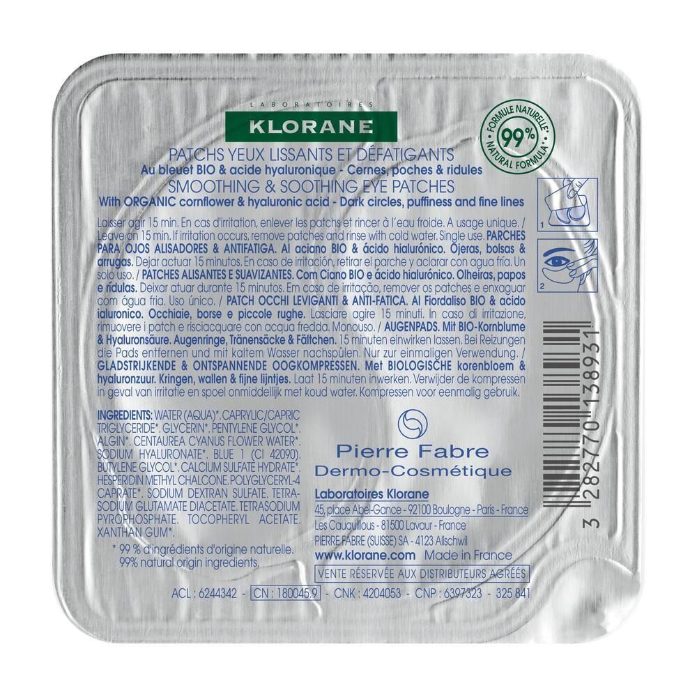 Rückseite der Augenpflaster-Verpackung. Text in mehreren Sprachen, darunter 'KLORANE', 'BIO', 'Hyaluronsäure'. 99% natürliche Inhaltsstoffe.
