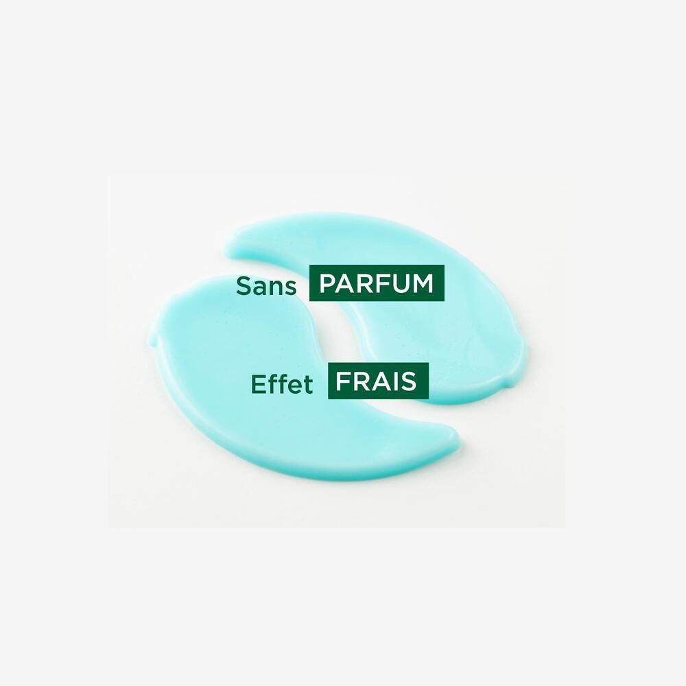 Zwei blaue Augenpflaster auf weißem Hintergrund. Text: 'Sans parfum' und 'Effet frais' in grüner Schrift.