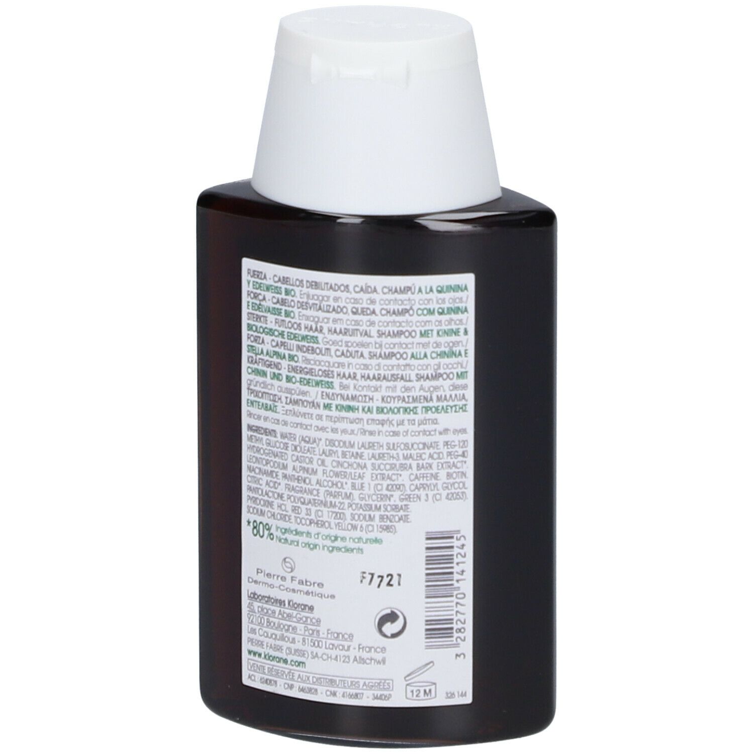 Rückseite einer braunen Flasche mit weißem Deckel. Text und Produktinformationen. Logo: KLORANE. Text: Bio-Chinin & Edelweiß Shampoo.