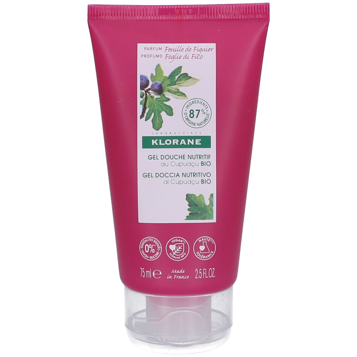 Rosa Tube mit weißem Etikett. Aufschrift KLORANE, Gel Douche Nutritif. 87% Inhaltsstoffe natürlichen Ursprungs. 75ml.