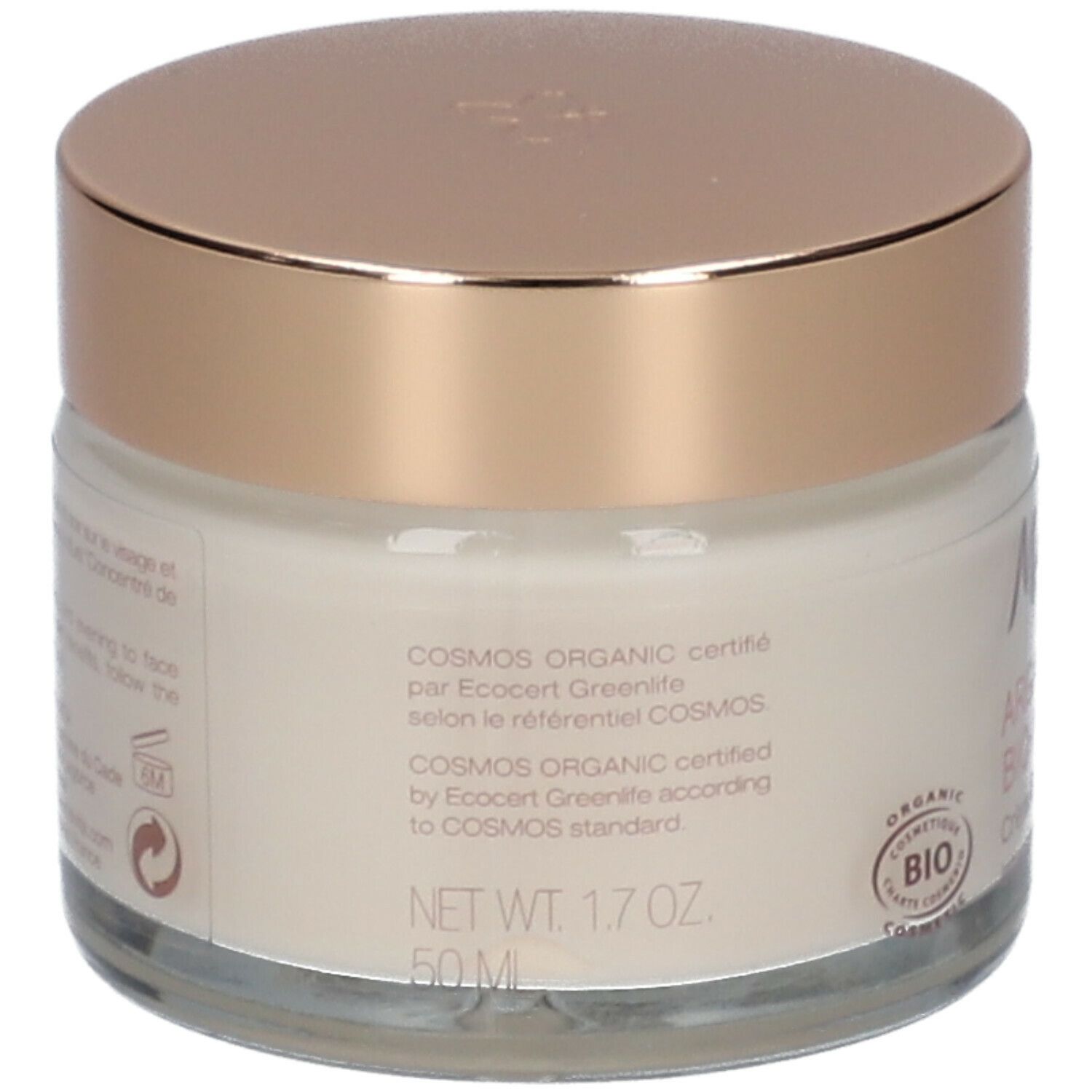 Rückseite des Creme-Glases. Aufschrift: COSMOS ORGANIC zertifiziert von ECOCERT Greenlife. Bio-Zertifizierung.