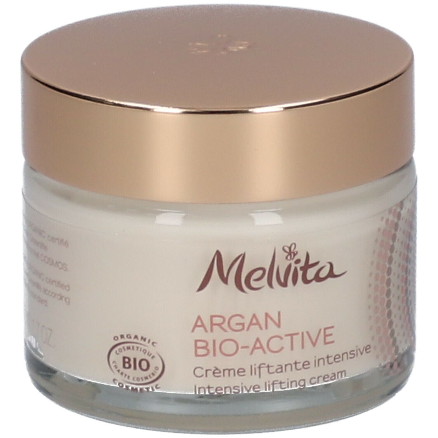 Creme-Glas mit goldfarbenem Deckel. Aufschrift: Melvita, Argan Bio-Active, Crème liftante intensive. Bio-Zertifizierung.
