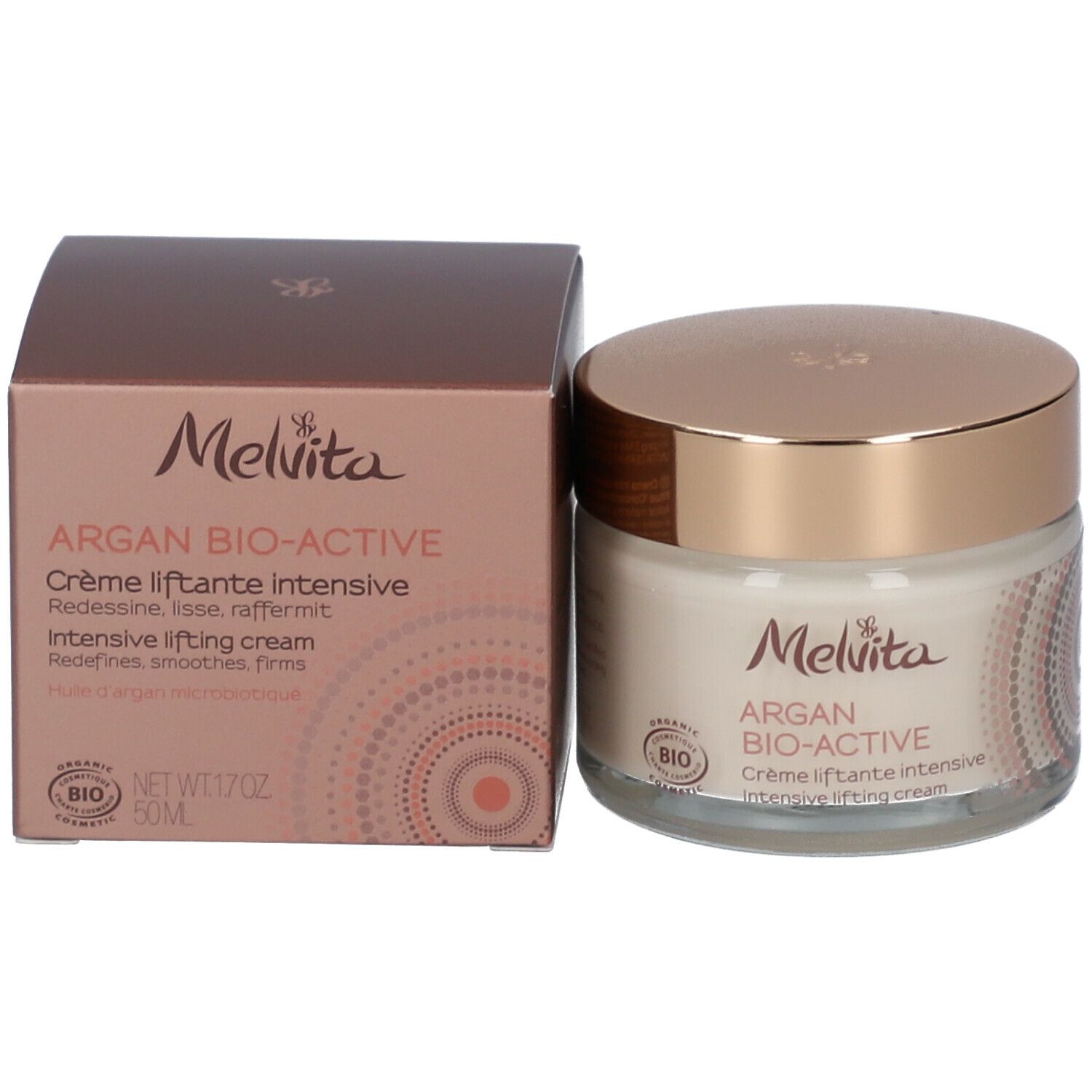 Creme-Glas und Karton. Aufschrift: Melvita, Argan Bio-Active, Crème liftante intensive. Bio-Zertifizierung. Goldfarbener Deckel.