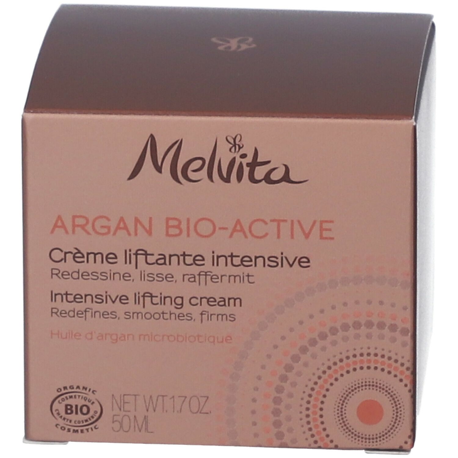 Karton mit Aufschrift: Melvita, Argan Bio-Active, Crème liftante intensive. Bio-Zertifizierung. Abbildung eines Kreismusters.