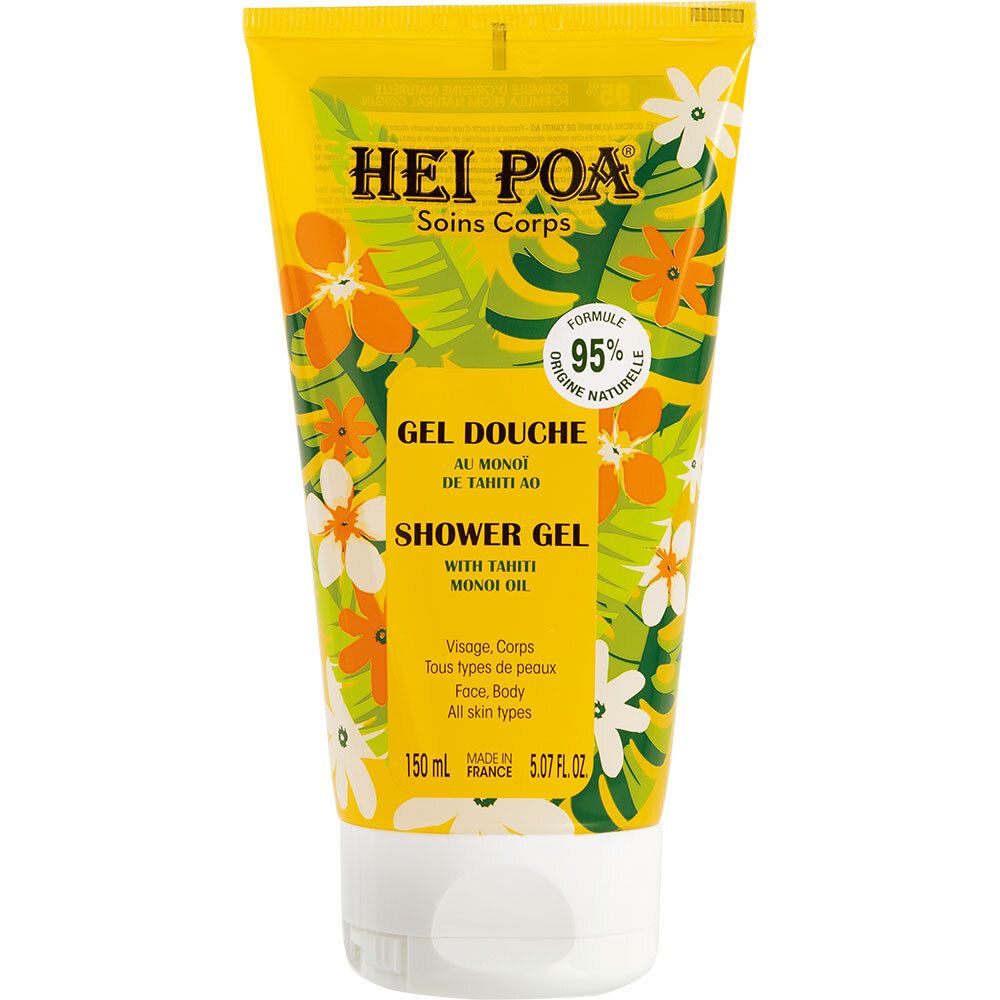 Gel Douche-Tube mit HEI POA-Logo, gelb, mit Blumenmuster. Text: Gel Douche, Tahiti Monoï Oil. 95% natürliche Formel.