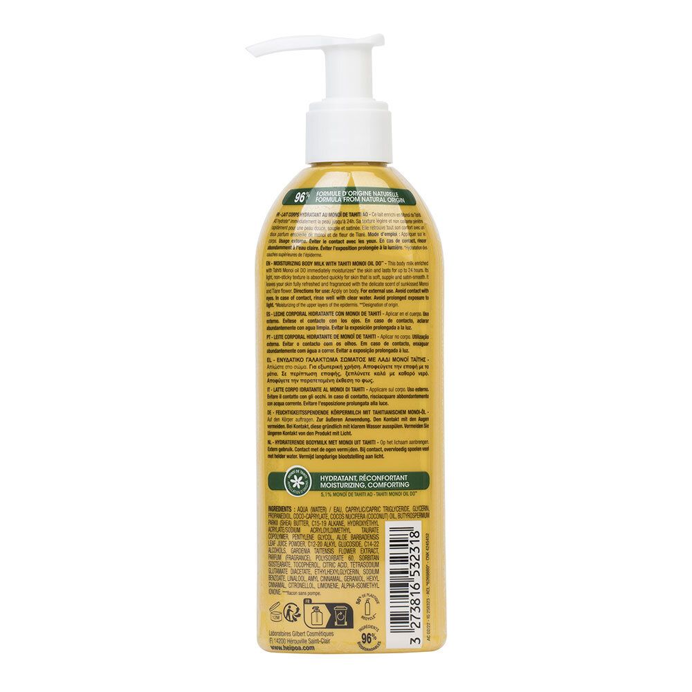 Rückseite einer gelben Flasche mit Pumpe. Text in mehreren Sprachen. Inhaltsstoffe und Zertifizierungen sind sichtbar.