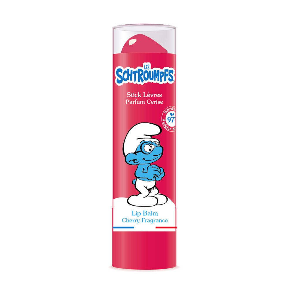 Roter Lippenpflegestift mit transparentem Deckel. Aufschrift: Les Schtroumpfs, Stick lèvres Parfum Cerise. Abbildung eines Schlümpfe.