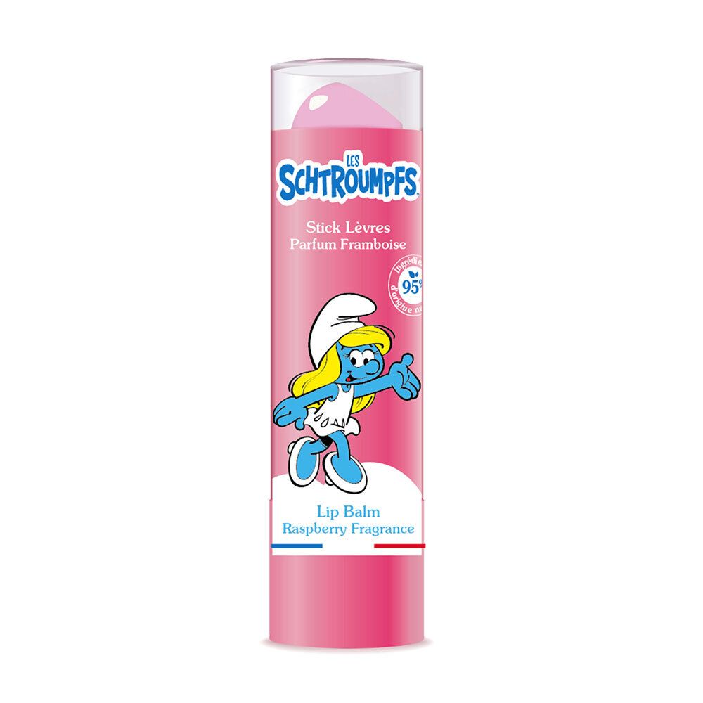 Lippenpflegestift mit Himbeerduft. Rosa Hülle mit Schlumpf-Illustration. Transparenter Deckel. Französische und englische Beschriftung.