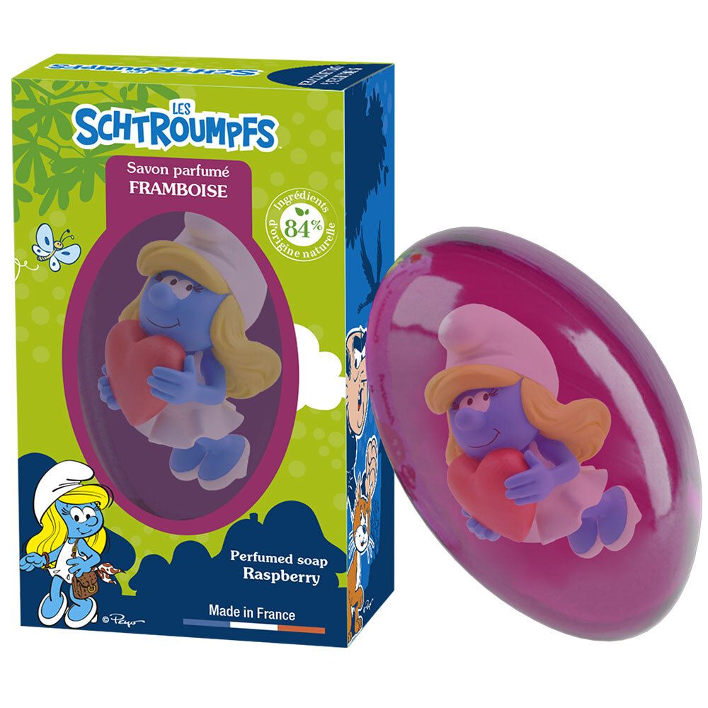 Himbeerduft Seife mit Schtroumpf-Figur. Oval, pinkfarben. Verpackung mit Schtroumpf-Motiv, Text: Savon parfumé Framboise.