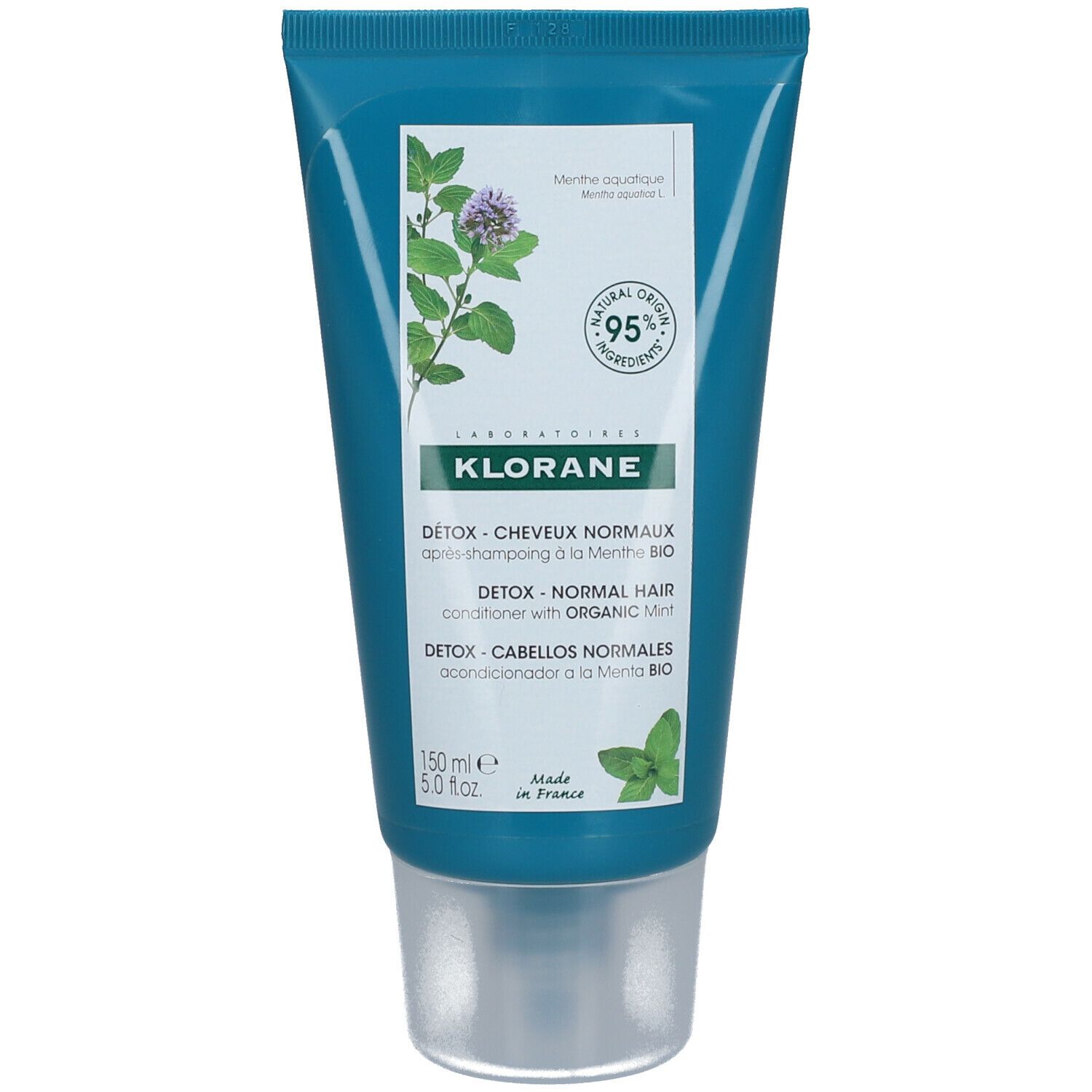 Türkisfarbene Tube KLORANE. Conditioner für normales Haar mit Bio-Minze. 150 ml. 5.0 fl.oz. Mit grünen Blättern.