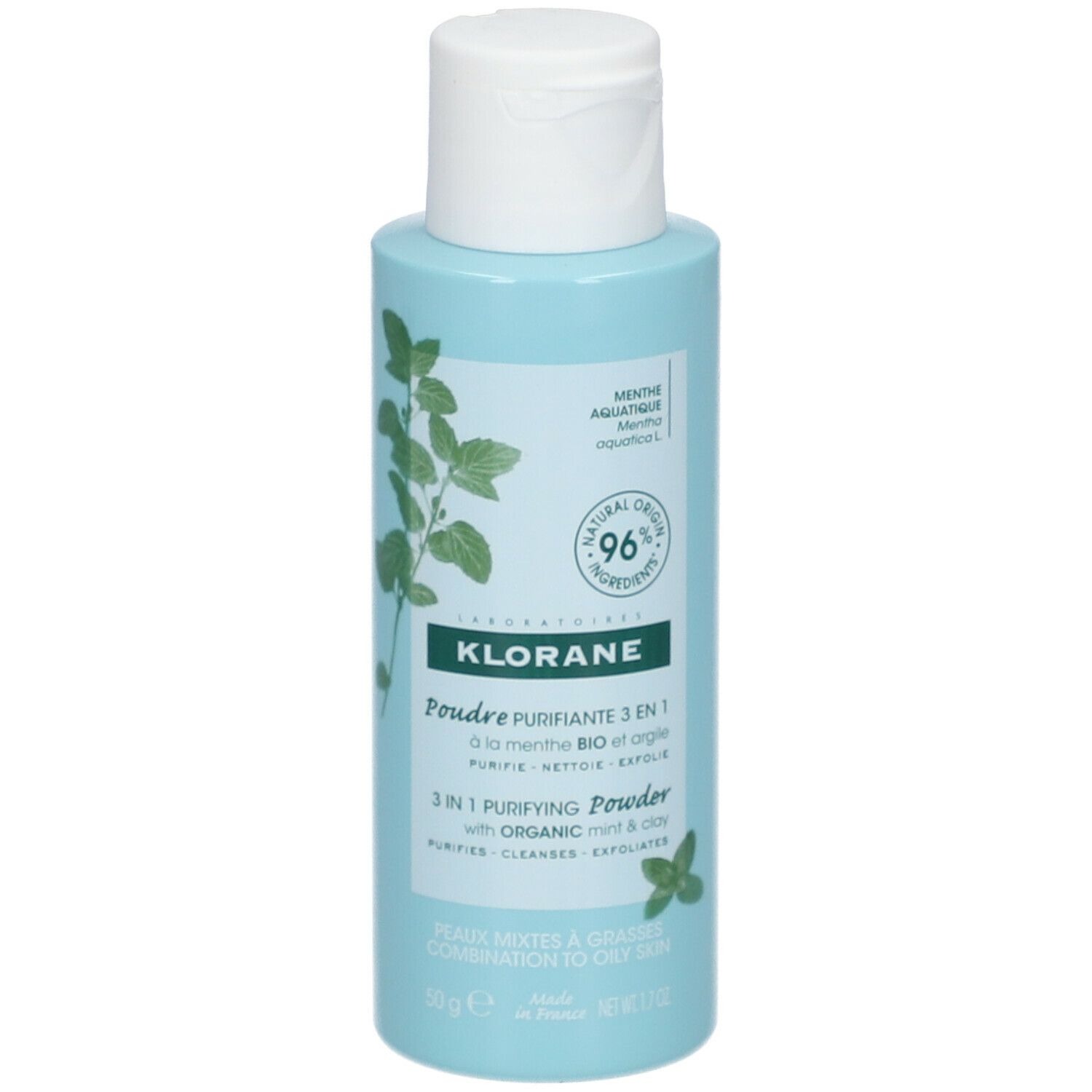 Hellblaues Fläschchen mit weißem Deckel. Aufschrift: KLORANE, Puder purifiant 3 en 1. 96% natürliche Inhaltsstoffe. Mint-Design.