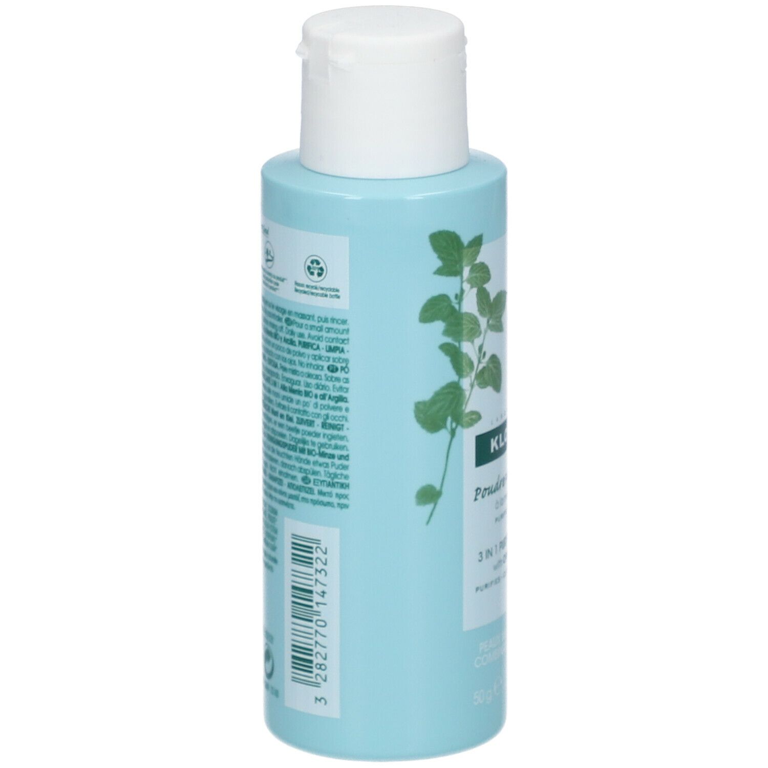 Rückseite eines hellblauen Fläschchens. Text: Informationen zum Produkt, Inhaltsstoffe, Hersteller. Verschiedene Logos und Zertifizierungen.
