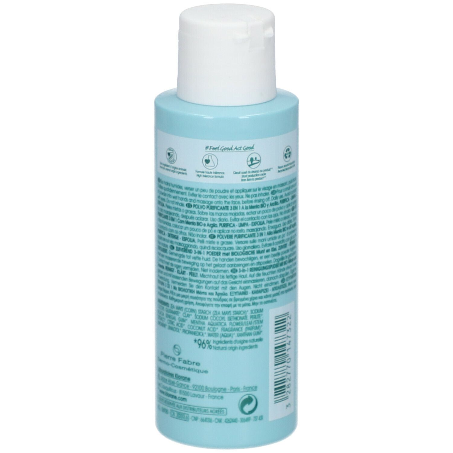 Rückseite eines hellblauen Fläschchens. Text: Informationen zum Produkt, Inhaltsstoffe, Hersteller. Verschiedene Logos und Zertifizierungen.