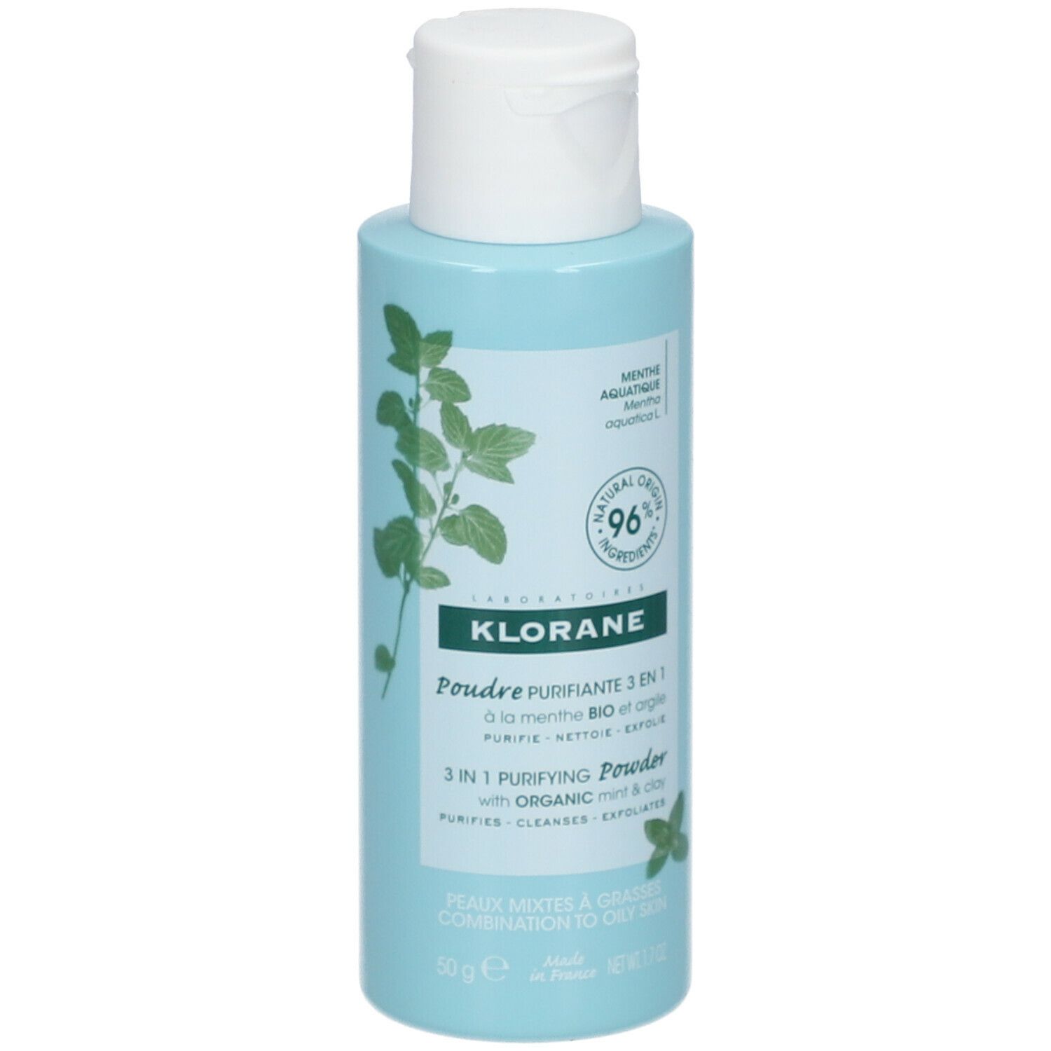 Hellblaues Fläschchen mit weißem Deckel. Aufschrift: KLORANE, Puder purifiant 3 en 1. 96% natürliche Inhaltsstoffe. Mint-Design.