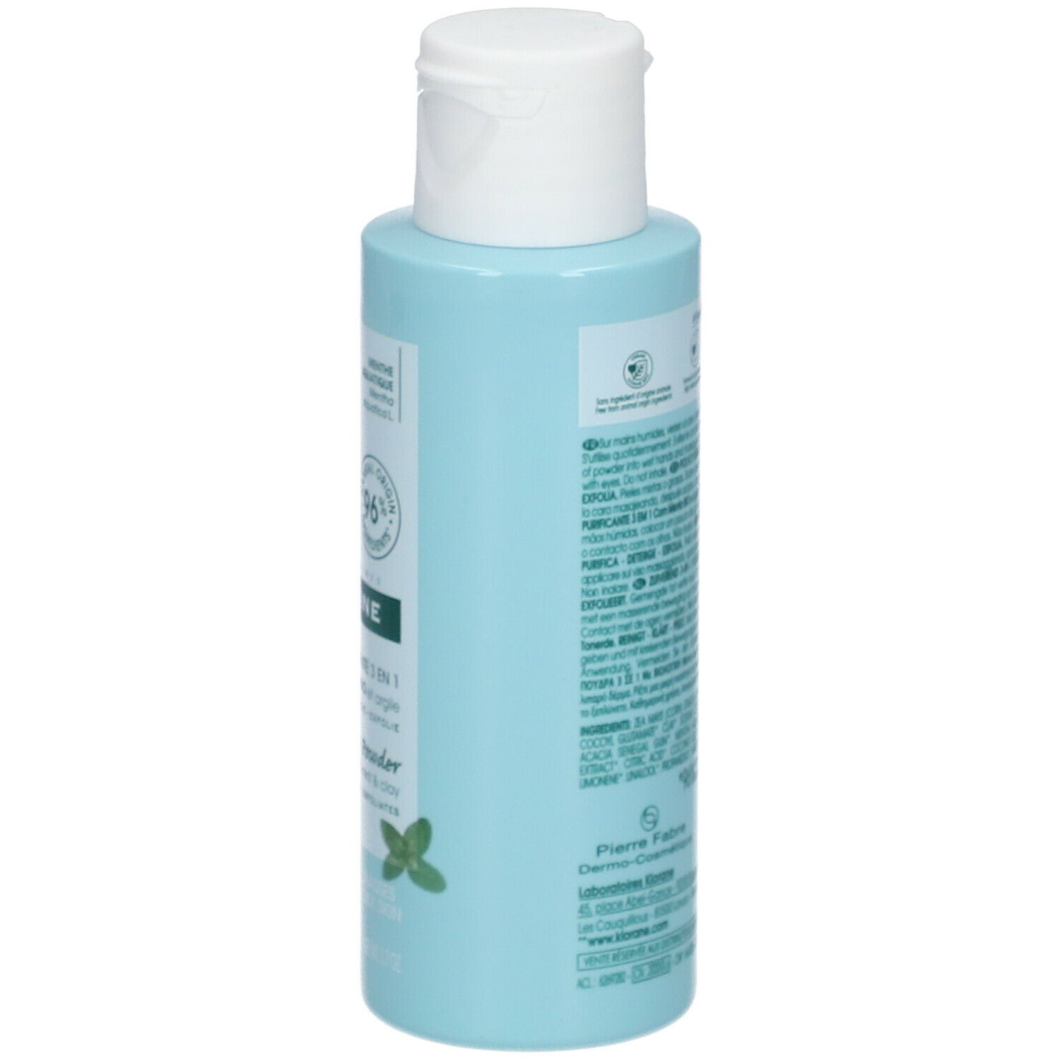 Rückseite eines hellblauen Fläschchens. Text: Informationen zum Produkt, Inhaltsstoffe, Hersteller. Verschiedene Logos und Zertifizierungen.