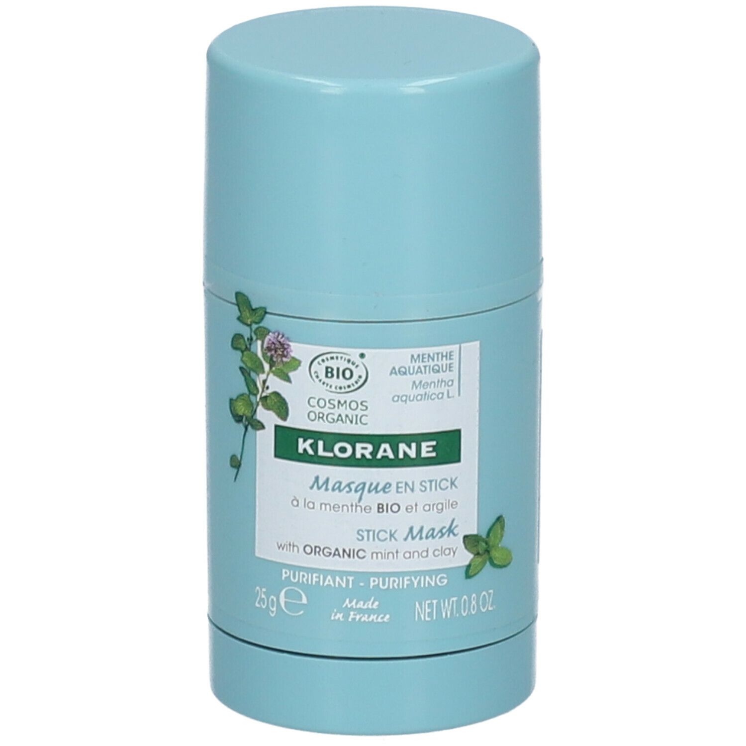 Hellblaue Stick-Maske. Aufschrift: KLORANE, Masque en Stick, mit Bio-Minze und Tonerde. Mit Bio-Zertifizierung.