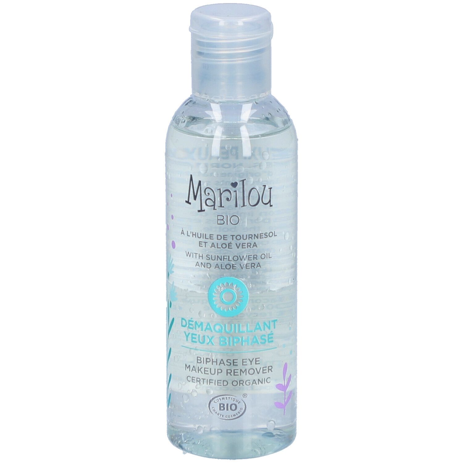 Klare Flasche mit Marilou Bio-Etikett. Aufschrift: Zweiphasen-Augen-Make-up-Entferner. Bio-Zertifizierung.