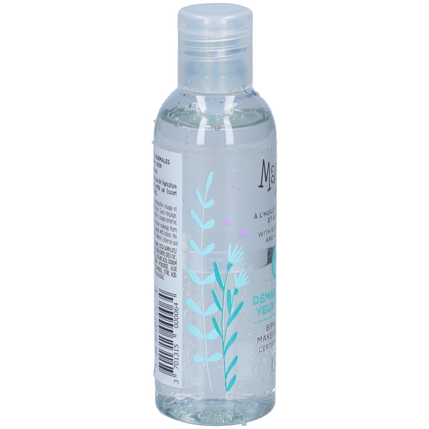 Transparente Flasche mit Marilou Bio-Etikett. Rückseite mit Produktinformationen und Inhaltsstoffen.