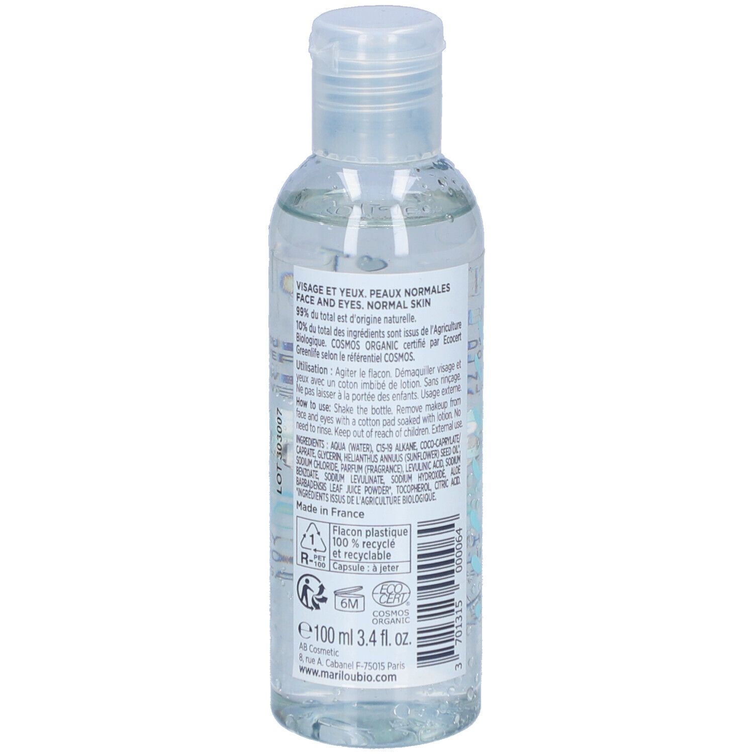Transparente Flasche mit Marilou Bio-Etikett. Rückseite mit Produktinformationen, Inhaltsstoffen und Zertifizierungen.