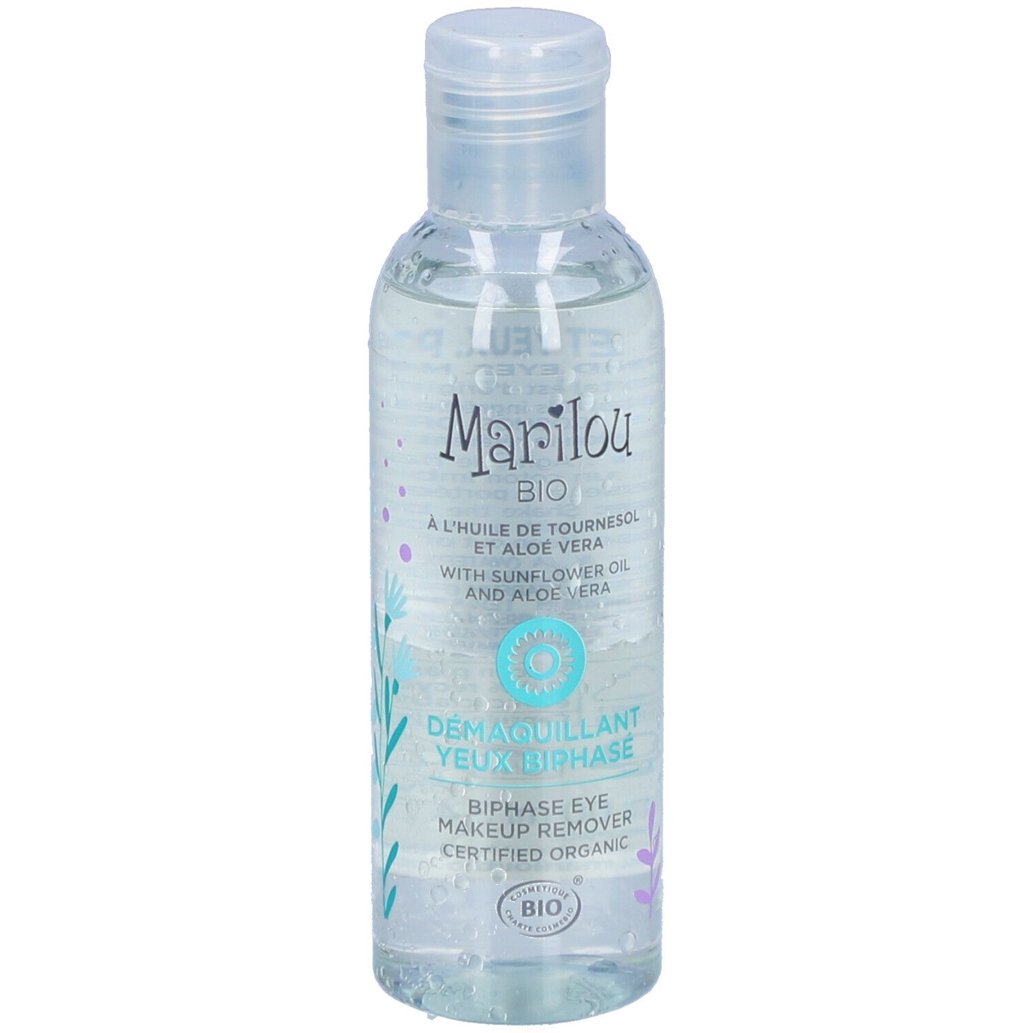 Klare Flasche mit Marilou Bio-Etikett. Aufschrift: Zweiphasen-Augen-Make-up-Entferner. Bio-Zertifizierung.