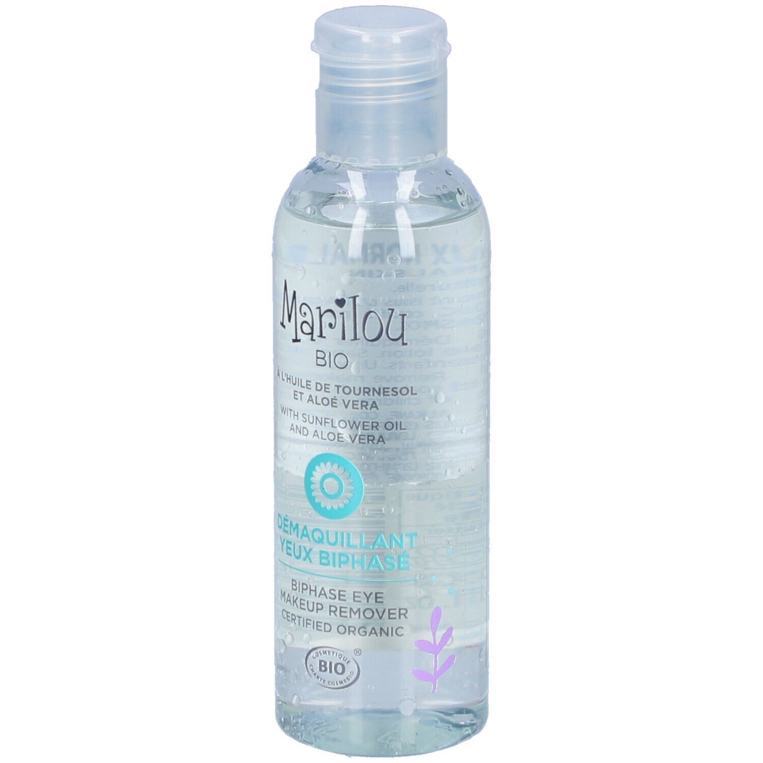 Klare Flasche mit Marilou Bio-Etikett. Aufschrift: Zweiphasen-Augen-Make-up-Entferner. Bio-Zertifizierung.