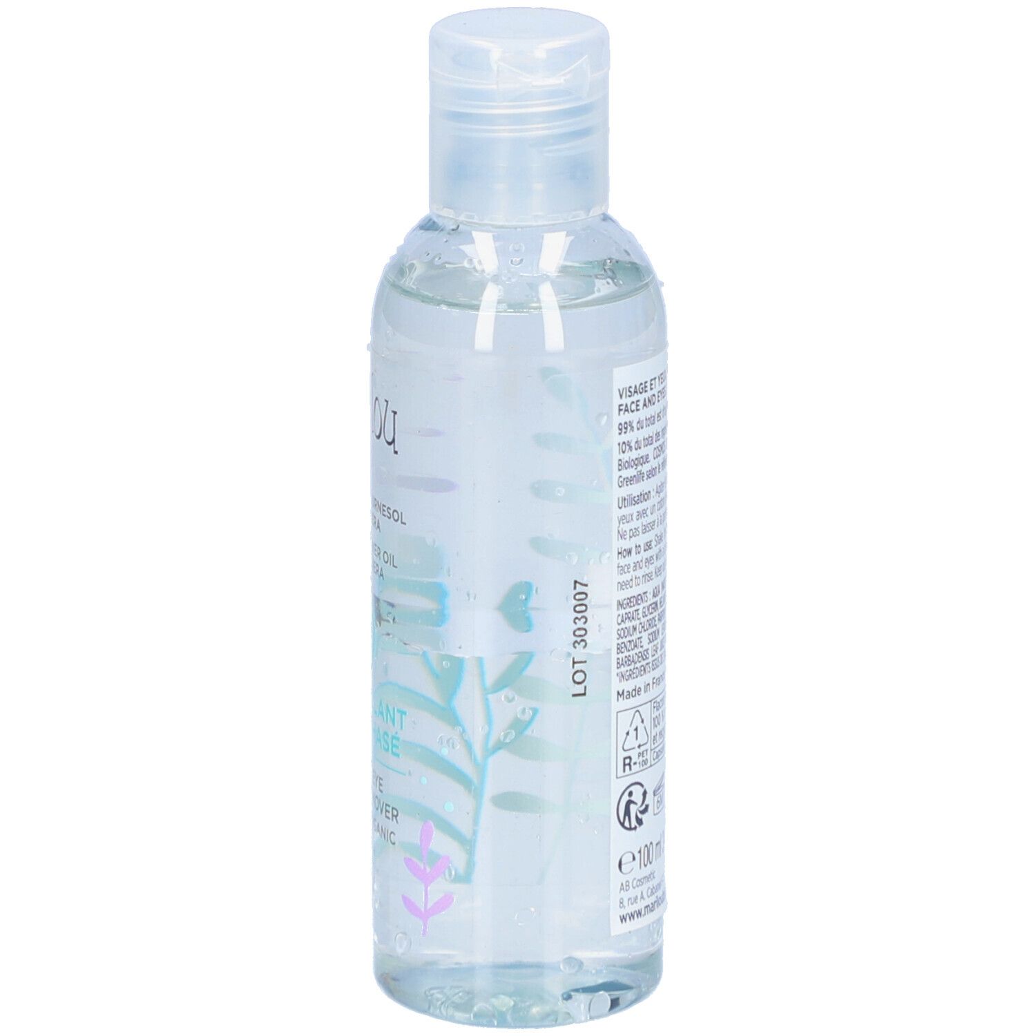 Transparente Flasche mit Marilou Bio-Etikett. Rückseite mit Produktinformationen und Zertifizierungen.