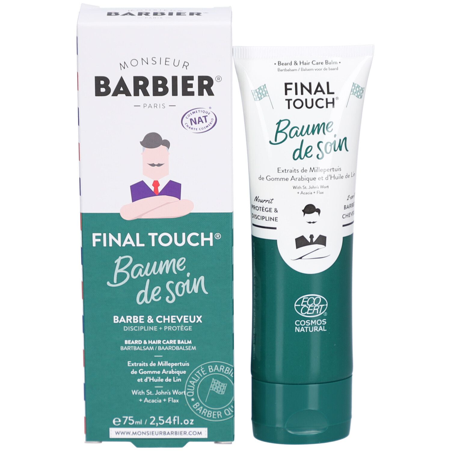 Produkt und Verpackung. Tube und Karton mit Produktnamen "Baume de soin". Logo "Monsieur Barbier".