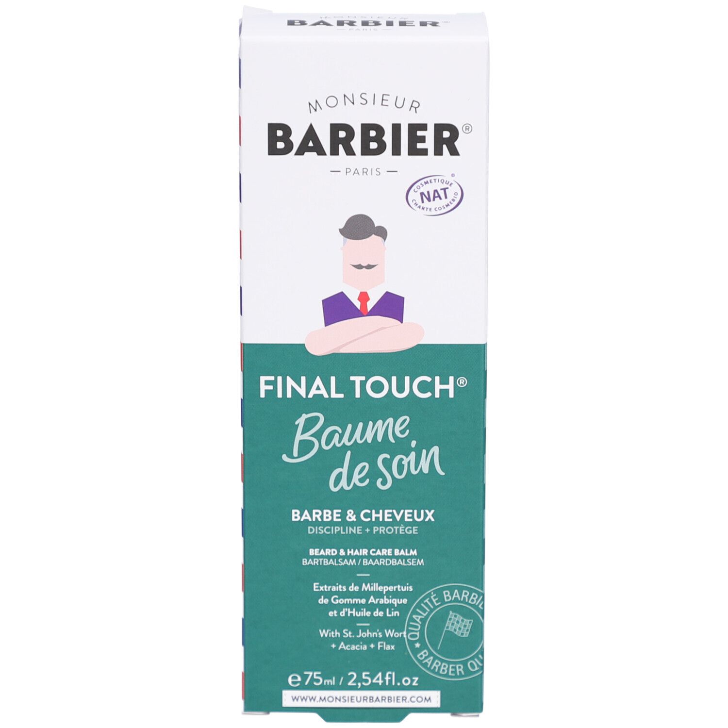 Kartonverpackung. Produktname "Baume de soin". Logo "Monsieur Barbier". Text: "Barbe & Cheveux".